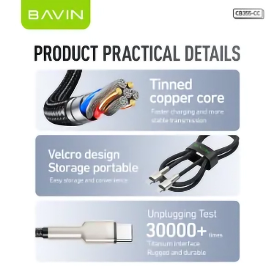 تصویر  کابل Type-C به Type-C باوین Bavin CB355 طول 1 متر توان 60 وات