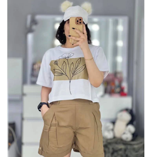 تصویر  ست کراپ و شورتک – پارچه نخ و پنبه برای کراپ، لینن اعلا برای شورتک