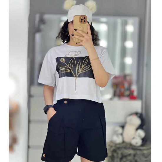 تصویر  ست کراپ و شورتک – پارچه نخ و پنبه برای کراپ، لینن اعلا برای شورتک