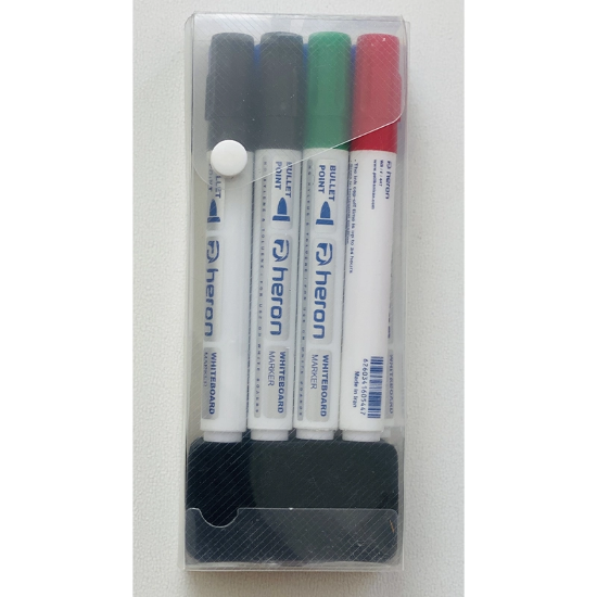 تصویر  پک ماژیک وایت برد 8 عددی به همراه تخته پاک‌ کن برند HERON