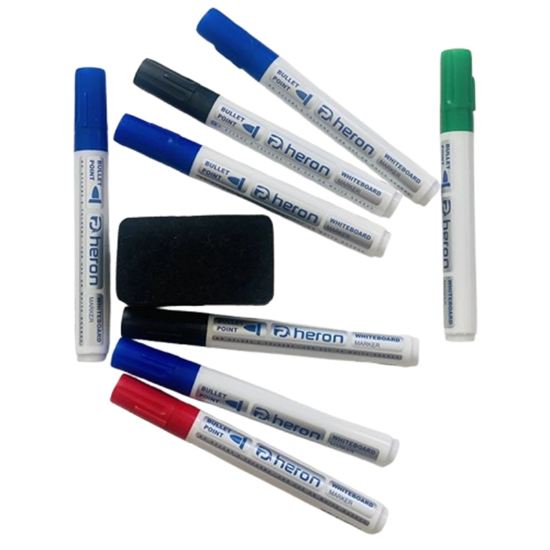 تصویر  پک ماژیک وایت برد 8 عددی به همراه تخته پاک‌ کن برند HERON