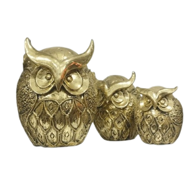 تصویر  مجسمه چغد سه تایی طلایی کار ورق