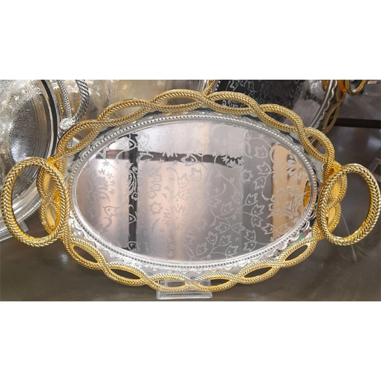 تصویر  سینی عربی لعابی جفتی بیضی طرح زنجیری طلایی