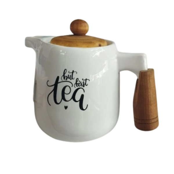 تصویر  قوری سرامیکی دسته چوبی تکست