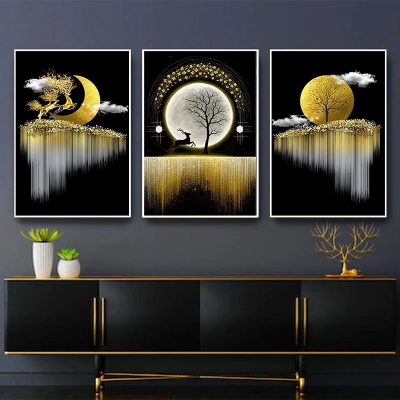 تصویر  تابلو سه‌تکه شیشه‌ای طرح منظره طلایی 40در60