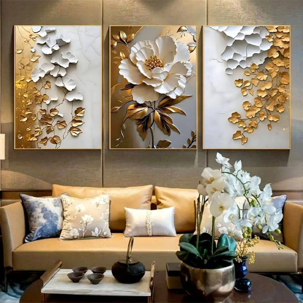 تصویر  تابلو سه‌تکه شیشه‌ای طرح گل برجسته 40در60