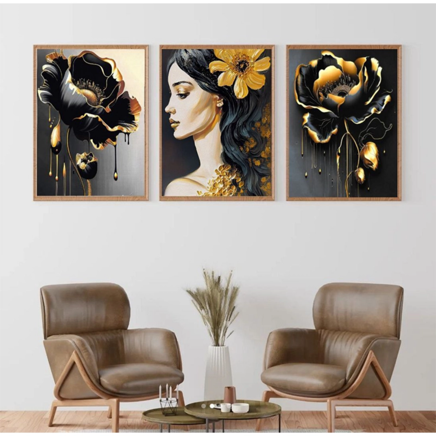 تصویر  تابلو سه‌تکه شیشه‌ای طرح چهره و گل 60در40