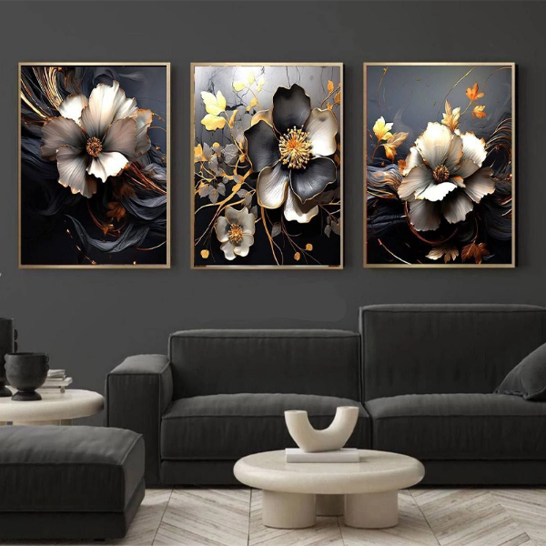 تصویر  تابلو سه‌تکه شیشه‌ای طرح گل متالیک 40در60